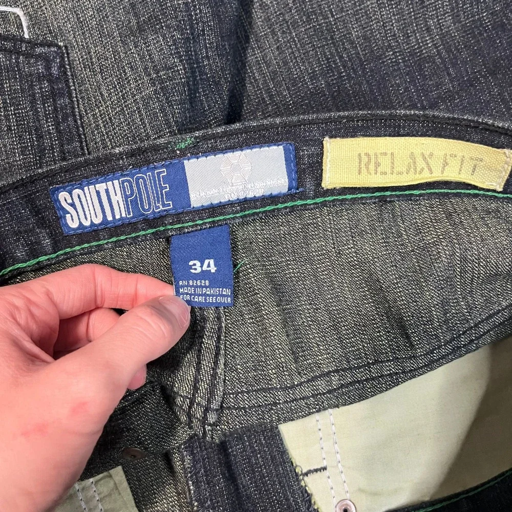 Southpole Mens Baggy Relaxed Fit Dark Wash Green Tint Embroidered Jeans 34x27